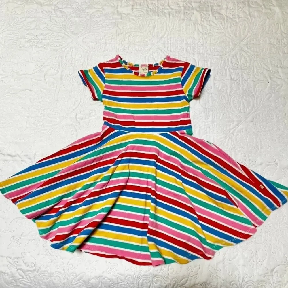 Frugi Spring Rainbow Stripe Organic Cotton Skater Dress Size 5/6